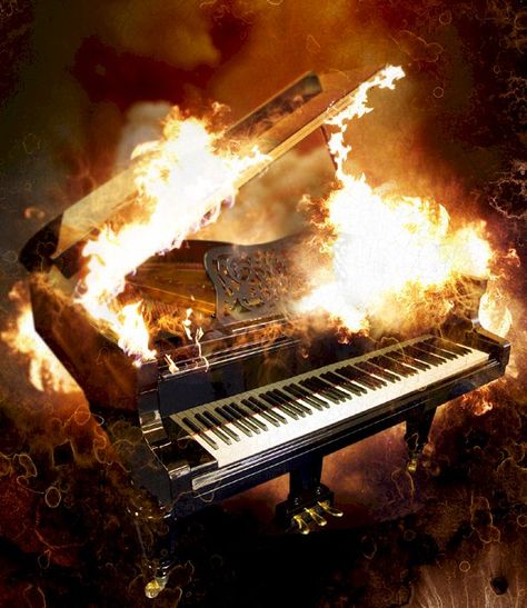 Piano On Fire Piano On Fire, Fire Dark Academia, Piano On Fire Aesthetic, Great Balls Of Fire Piano, Castle On Fire Aesthetic, Cars On Fire Aesthetic, Vacation Video, Cd Cover Design, Vintage Theatre