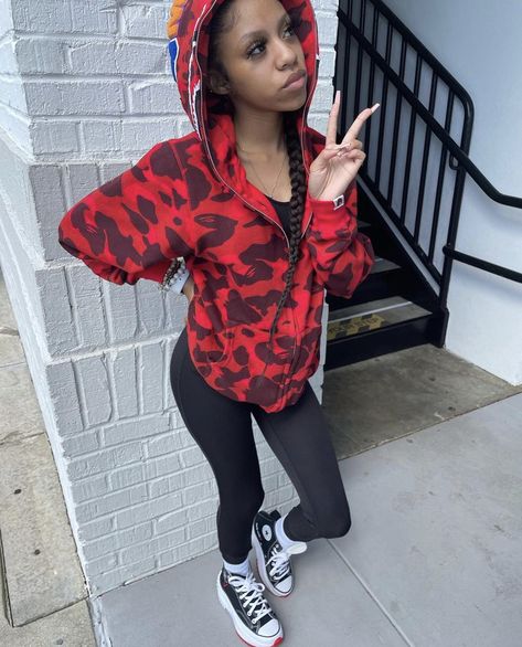 Red Bape Hoodie Outfit, Bape Jacket Outfit Women, Bape Hoodie Outfit, Bape Jacket, Bape Outfits, Fire Clothes, Bape Hoodie, Teen Swag Outfits, Diy Vetement