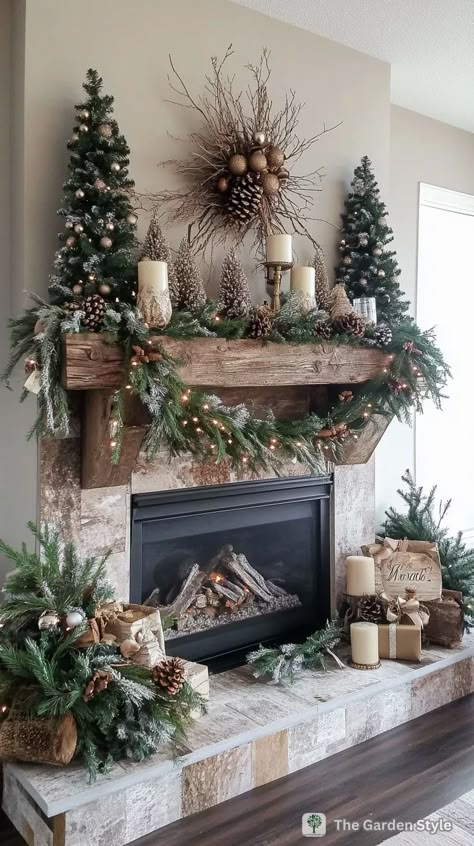 45 Enchanting Christmas Mantel Decor Ideas to Transform Your Home - The Garden Style Greenery On Shelves, Wood Decor For Christmas, Wood Theme Christmas Tree, Farmstyle Christmas Decor Ideas, Winter Forest Decorations Christmas Decor, Rustic Mantel Ideas, Natural Woodland Christmas Decorations, Tree Stump Christmas Decor, Natural Style Christmas Tree