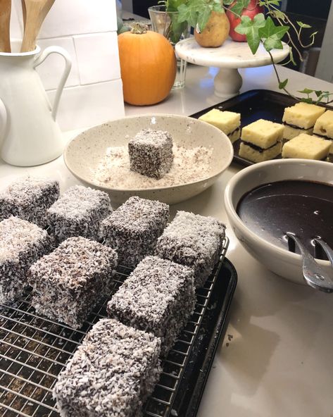 Australian Lamingtons | The Lemon Apron Australian Lamingtons, Travel Desserts, Lamington Cake Recipe, Coffee Shop Menu Board, Lamingtons Recipe, Cake Squares, Coconut Baking, Cake Dip, Study In Australia