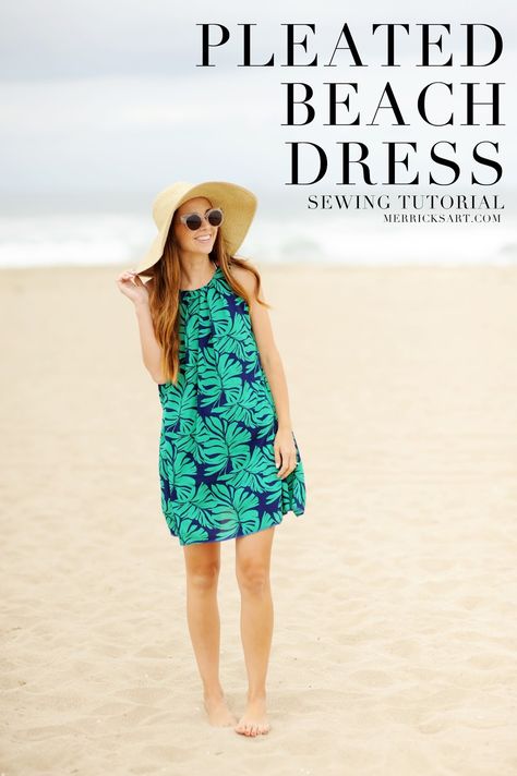 Merrick's Art // Style + Sewing for the Everyday Girl: DIY FRIDAY: PLEATED PALM LEAF PRINT BEACH DRESS (SEWING TUTORIAL) Fashion Sewing Projects, Sewing Dresses For Women, Summer Dresses Diy, Summer Dress Sewing Patterns, Printed Beach Dresses, Dress Sewing Tutorials, Dress Couture, Dresses By Pattern, Summer Dress Patterns