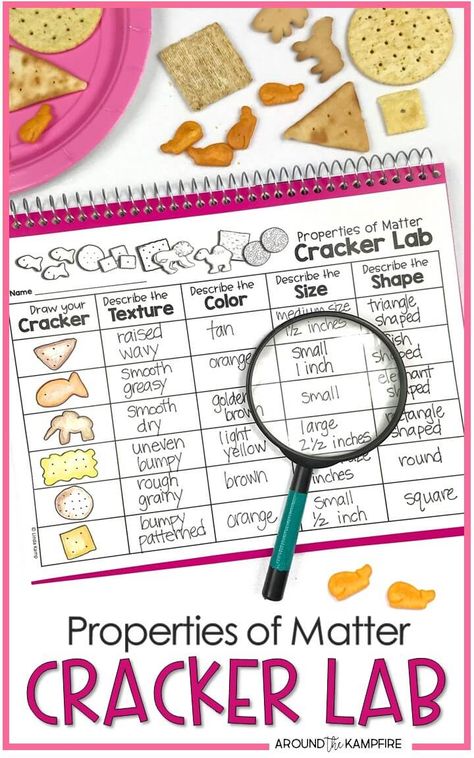 Properties of matter cracker lab activity for students learning to observe and describe matter. Ideal for 2nd grade science and NGSS Structure and Properties of Matter standards. #2ndgrade #3rdgrade #scienceactivities #ngss Property Of Matter Activities, Properties Of Matter Science Experiment, Properties Of Matter 2nd Grade Activities, Properties Of Matter 3rd Grade Science, Matter Lessons 2nd Grade, Physical Properties Of Matter 3rd Grade, Matter Experiments For Kids, Science For 2nd Grade, Properties Of Matter Activities