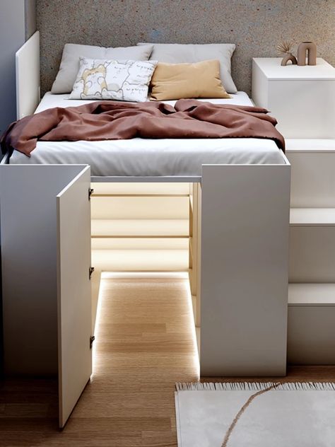 Apartment Functional Bed with Light Bed with Wardrobe Pneumatic Rod Elevated Bed Cabinets under Bed Cloakroom Bed Integrated - AliExpress Adult Elevated Bed, Bed Integrated Wardrobe, Elevated Queen Bed With Storage, High Bed With Storage Underneath, Wardrobe Under Bed, Corner Bed Frame, Houseboat Ideas, Suspended Bed, Functional Bed