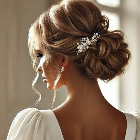 Elevate your bridal look with our Stunning Romantic Wedding Hair Clip, a breathtaking accessory adorned with delicate flowers, shimmering pearls, and dazzling crystals. Meticulously crafted to perfection, this hairpiece measures approximately 3.5 by 1.5 inches and is available in three timeless colors: gold, silver, and rose gold. To complete your ensemble, choose matching earrings sized at 3/4'' by 3/8''. Designed for brides and bridesmaids, this versatile hair clip exudes an air of sophisticat Wedding Hair All Up, Wedding Updo Classy Elegant, Boho Bride Wedding Hair, Soft Bridal Hairstyles, Bridal Hair Chignon, Bridesmaid Hair Styles Updo, Cinderella Wedding Hair, Wedding Bridal Hair Updo, Wedding Updo Bride