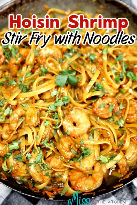 Hoisin Shrimp Stir Fry with noodles is a delicious dinner for busy weeknights. Loaded with amazing flavors and homemade hoisin sauce. Shrimp Stir Fry With Noodles, Shrimp Noodle Stir Fry, Hoisin Shrimp, Recipes With Hoisin Sauce, Homemade Hoisin Sauce, Stir Fry With Noodles, Stir Fry Shrimp Recipes, Rice Noodle Recipes, Rice Noodles Stir Fry