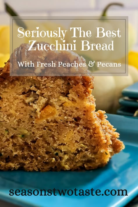 Introducing an irresistible twist to a classic bread favorite - our Peach Zucchini Bread with Pecans! This mouth-watering recipe brings together the sweet and tangy flavors of fresh peaches with the earthiness of zucchini, all topped with crunchy pecans for a delightful texture. Perfect for snack time or as an addition to your next brunch, the moist and delicious taste of this bread will quickly become your go-to recipe. Head over to seasonstwotaste.com for the recipe! Blueberry Peach Zucchini Bread, Peach Zucchini Recipes, Peanut Butter Zucchini Bread, Peach Zucchini Muffins, Peach Zucchini Bread, Zucchini Peach, Best Zucchini Bread Recipe, Easy Taco Salad Recipe, Squash Bread