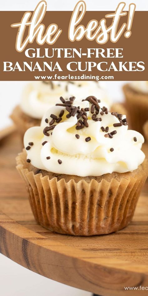 If you love cupcakes, these Gluten Free Banana Cupcakes are so worth making! Loaded with chocolate chips and topped with buttercream frosting. Dairy-free option, these cupcakes are bursting with ripe banana flavors! Vegan Gluten Free Cupcakes, Gluten Free Banana Cake, Gluten Free Cupcake Recipe, Dairy Free Cupcakes, Vegan Gluten Free Cake, Gluten Free Chocolate Cupcakes, Gluten Free Banana Muffins, Gluten Free Dairy Free Dessert, Fluffy Cupcakes