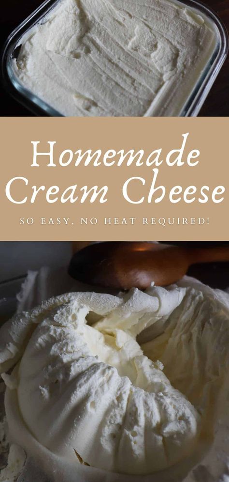 Homemade cream cheese requires NO heat or any crazy gadgets! A starter culture, 2 ingredients, some cheesecloth to set it in to drip out of, and a pinch of salt later...you have cream cheese! Make Cream Cheese At Home, Cream Cheese At Home, Homemade Cream Cheese Recipe, Crazy Gadgets, Cheese Spread Recipes, Cream Cheese Recipe, Cheese Making Recipes, Cheese At Home, Breakfast Spread