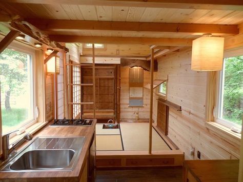 The home is divided into four main areas: the tearoom, the kitchen, the loft, and the bathroom. Japanese Style Tiny House, Japanese Cottage, Tiny House Japan, Tiny Mobile House, Amazing Interiors, Japanese Tea House, Japanese Style House, Tiny Houses For Rent, Tiny House Interior Design