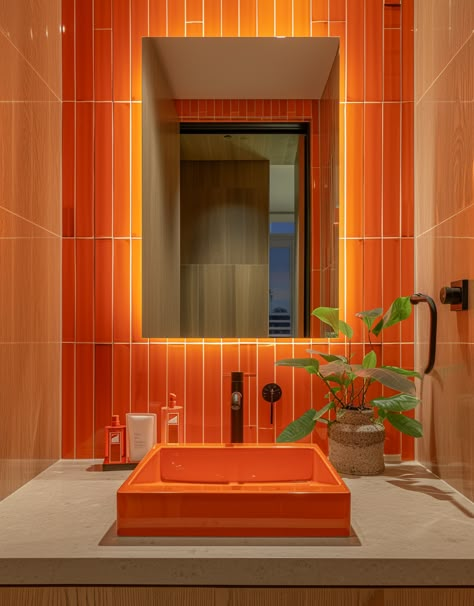 41 Eclectic 70s Bathroom Design Inspirations To Recreate The Look Small Bathroom Ideas Retro, Colourful 70s Interior, Burnt Orange Tile Bathroom, Maximalist Bathroom Decor Vintage, Unique Home Upgrades, 1970s Bathroom Vintage, Wacky Interior Design, 70s Modern Bathroom, Atomic Interior Design