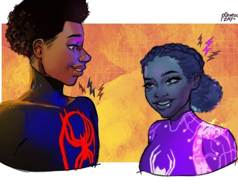 Miles Morales and Spider Byte aka Margo Kess from ATSV by @p0tatoo_zay's on ig