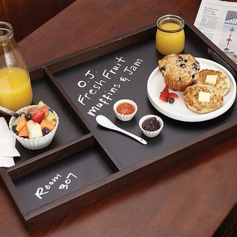 American Metalcraft RSTDB60 24" x 16" Espresso Wood Chalkboard Room Service Tray Hotel Room Service, Fruit Muffins, Hotel Buffet, Hotel Breakfast, Mothers Day Breakfast, Cappuccino Machine, Coffee Equipment, Hotel Food, Breakfast Tray