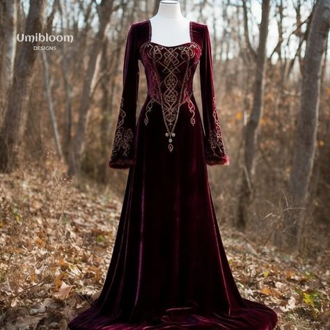 Dress design made for inspiration with ai #elvendress #fairydress #forestcore #forestwedding #celtic #viking #medieval Viking Royalty Dress, Medieval Style Dress, Black And Red Medieval Dress, Red Dress Aesthetic Medieval, Celtic Dress Medieval, Red Elven Dress, Medevial Dresses, Princess Outfits Medieval, Medival Dresses Aesthetic