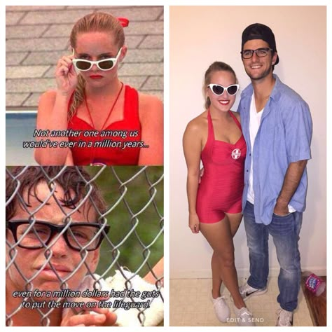 Couples Costume Tall And Short, Lifeguard And Squints Costume, Sandlot Lifeguard Costume, Wendy Peppercorn And Squints Costume, Lifeguard Couple Costume, Sandlot Couple Costume, Squints And Wendy Peffercorn Costume, Squints And Wendy Costume, Boyfriend Girlfriend Halloween Costumes