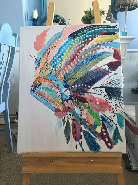 Indian feathers headdress painting I finally finished. Took a long time with all the details! Headdress Painting, School Auction Class Projects, Warrior Headdress, Headdress Ideas, Feathered Headdress, Headdress Art, Painting Indian, Indian Feathers, Hotel Indigo