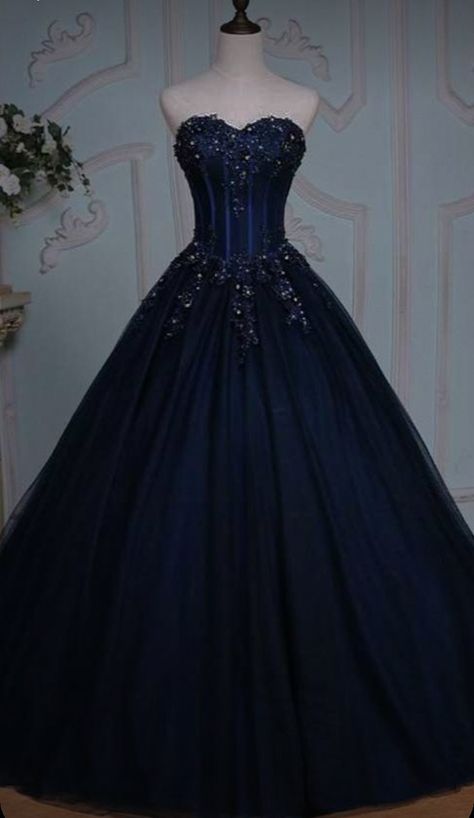 Dark Blue Prom Dress Ball Gown, Midnight Blue Princess Dress, Dark Blue Ball Gown Fairytale, Midnight Ball Gown, Sweet 16 Dark Blue Dress, Black And Blue Ball Gown, Navy Blue Ballgown, Dark Blue Ball Dress, Dark Blue Sweet 16 Dresses