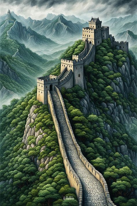 Explore the Mystical Great Wall: Digital Art Inspired by Ancient Wonders Great Wall Of China Illustration, Fort Art, Wall Digital Art, Lumix G7, Fantasy Castles, Drawing 101, Brush Pen Art, Chinese Crafts, Fantasy Town