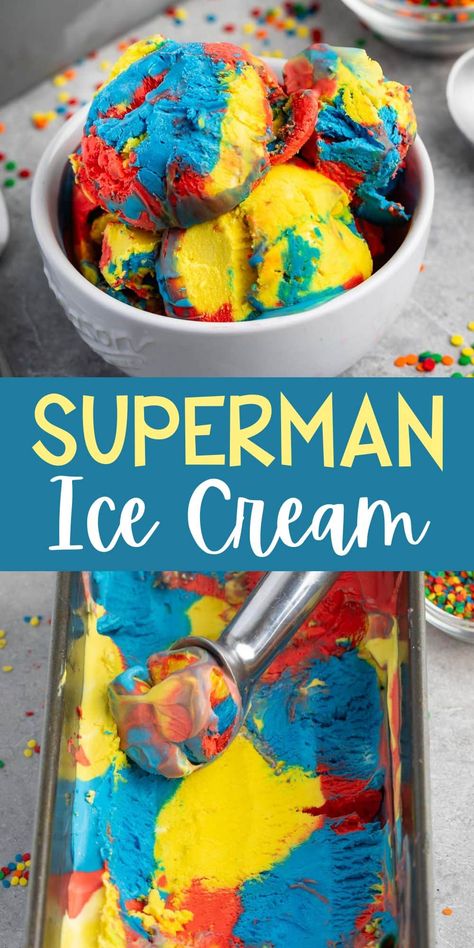 Superman Ice Cream is a popular ice cream shop flavor - now you can make it at home! No churn easy super man ice cream without a machine! Superman Ice Cream Cake, Superman Ice Cream Recipe, Ice Cream Recipes For Kitchenaid Mixer, Home Made Ice Cream Recipes With Machine, Ice Cream Recipes For Ice Cream Maker, Ice Cream Machine Recipes, Home Made Ice Cream Recipes, Superman Ice Cream, Homemade Ice Cream Recipes Machine