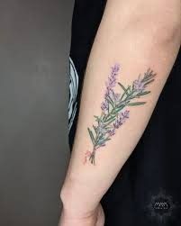 Lavender Leaf Arm Wrap Tattoo, Sage And Lavender Tattoo, Lavender And Fern Tattoo, Lavender Sage Rosemary Tattoo, Lavender Sprig Tattoos, Rosemary, Lavender, Tattoos