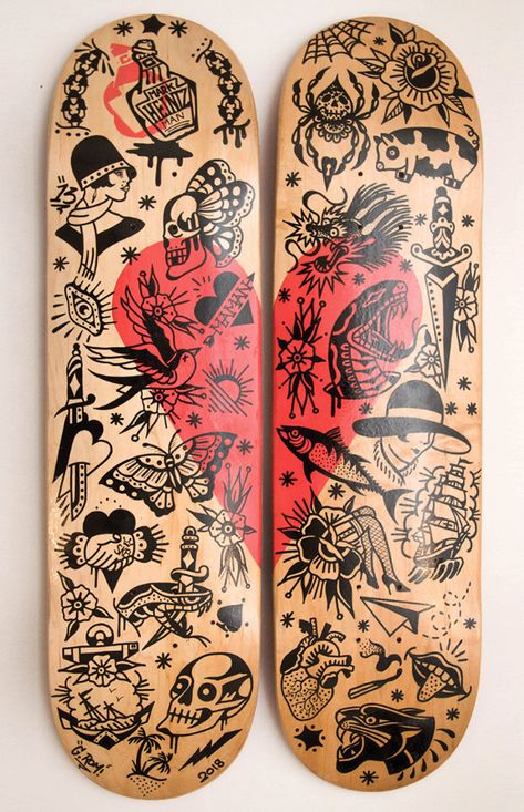 Skate Culture Art, Skateboard Custom Design, Skate Tattoos, Skate Painting, Skate Tattoo, Skateboard Artwork, Skateboard Tattoo, Tattoo Shop Decor, Painted Skateboard