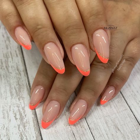 Coral Nail French Tips, Coral French Tips Nails, Cute Neon Nails Summer Almond, Orange Oval Acrylic Nails, Salmon French Tip Nails, Coral Nails Almond Shape, Neon French Almond Nails, Colorful French Tip Almond Nails, Coral French Tip Nails Almond