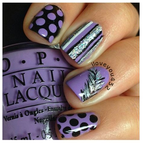 Purple, black, and silver nail designs Nails With Polka Dots, Nails Lilac, Purple And Silver Nails, Silver Nail Designs, Purple Nail Art, Lavender Nails, Black Nail Designs, Pretty Nail Art, Get Nails