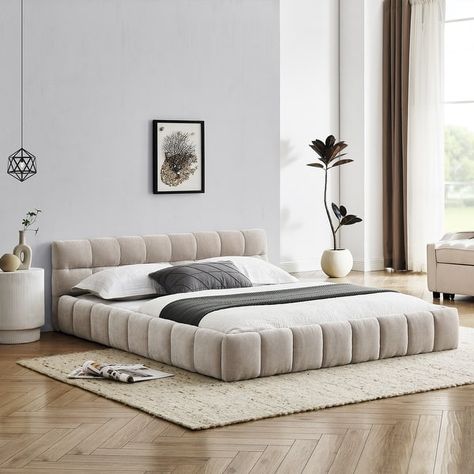 86.5" Queen Size Upholstered Bed Frame with Thick Fabric, Grounded Platform Bed with Headboard - Bed Bath & Beyond - 40865274 Cloud Bed Frame, Fabric Bed Frames, Modern Queen Bed Frame, Soft Headboard, Fabric Upholstered Bed, Queen Size Bed Frame, Apt Decor, Frame Bed, Relaxing Environment