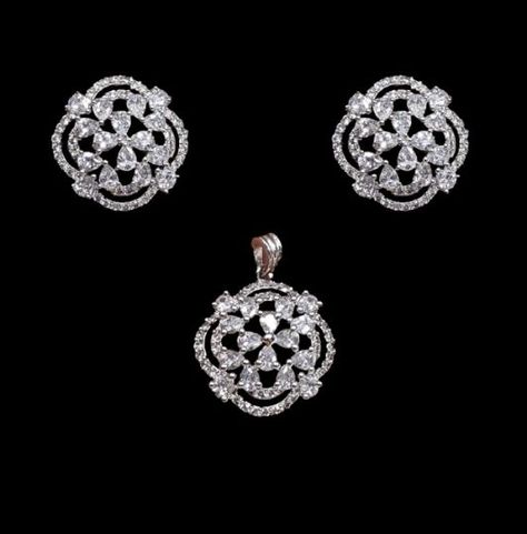 Silver Plated Clear Mini Pendant Set Cubic Zirconia CZ Evening Cocktail American Diamond Floral Design Fashion Imitation Jewelry Rajasthani Jewelry, Gold Jewelry Prom, Diamond Necklace Simple, Beautiful Jewelry Diamonds, Pendent Set, Mom Earrings, Diamond Pendent, Diamond Earrings Design, Pretty Jewelry Necklaces