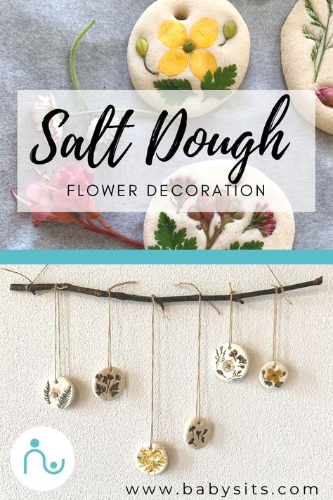 This beautiful salt dough flower recipe is a fun and relaxing activity to create beautiful decorations. Great for in your own home or as a gift! Mother’s Day Nature Gifts, Salt Dough Nature Craft, Reggio Mothers Day Gift Ideas, Salt Dough Flowers, Environmental Crafts For Kids, Dried Flower Crafts For Kids, Salt Dough Leaves, Mommy And Me Crafts, Salt Dough Jewelry