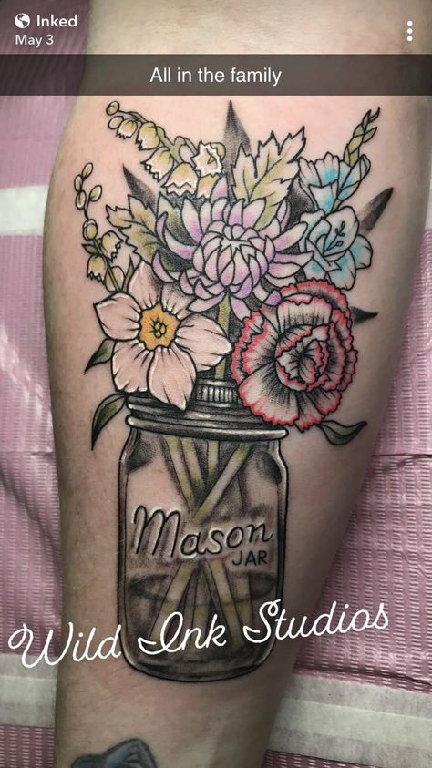 Mason Jar Tattoo, Jar Tattoo, Country Tattoos, Mason Jar Flowers, All In The Family, Traditional Tattoos, Tattoo Placement, Flower Tattoos, Simple Tattoos