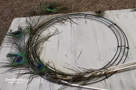 Peacock Feather Wreath! Peacock Feather Wreath, Railroad Spikes Crafts, Feather Wreaths, Peacock Feather Decor, Peacock Feather Art, Feather Crafts Diy, Peacock Wreath, Peacock Crafts, Feather Diy