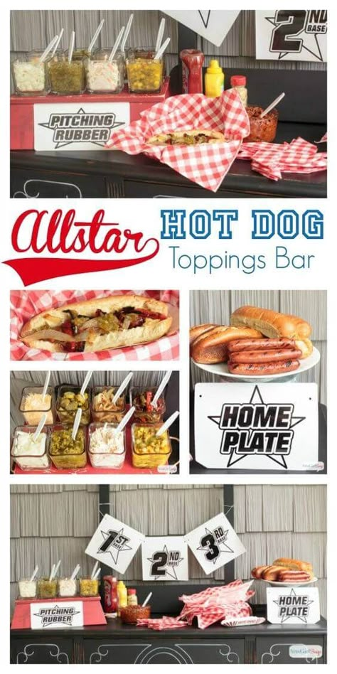 Food For Ice Cream Birthday Party, Ball Park Themed Party, Ball Park Hot Dogs, Rookie Of The Year First Birthday Food Ideas, Baseball Party Food Ideas Concession Stands, Baseball Theme Potluck, Ballpark Party Food, Baseball 30th Birthday Party, Ballpark Theme Party Food