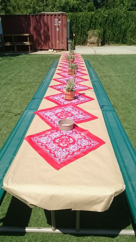 Bandana and Cactus  Centerpiece Table Decor Bandana Centerpiece Ideas, Bandana Table Decor, Bandana Table Runner, Bandana Pennant Banner, Serape Table Runner, Cactus Centerpiece, Corporate Party, Crochet Pillow, 60th Birthday