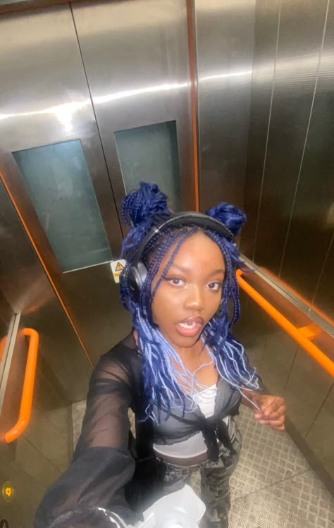 Blue Hair Braids Black Women, Buns Box Braids, Colored Braided Hairstyles For Black Women, Cool Box Braids Color, Space Buns Box Braids, Braids Two Buns, Black And Color Braids, Blue Black Braids, Braids With Headphones