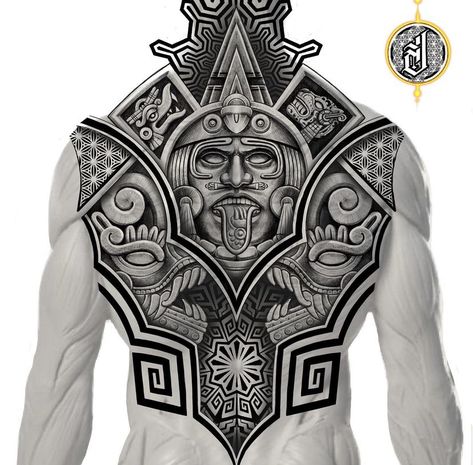 Aztec Back Piece Tattoo, Mayan Dragon Tattoo, Mexican Back Tattoos, Yaqui Tattoo, Japanese Stomach Tattoo, Mexican Tattoo Ideas For Men Aztec, Aztec Chest Tattoo, Aztec Back Tattoo, Aztec Warrior Tattoo Men