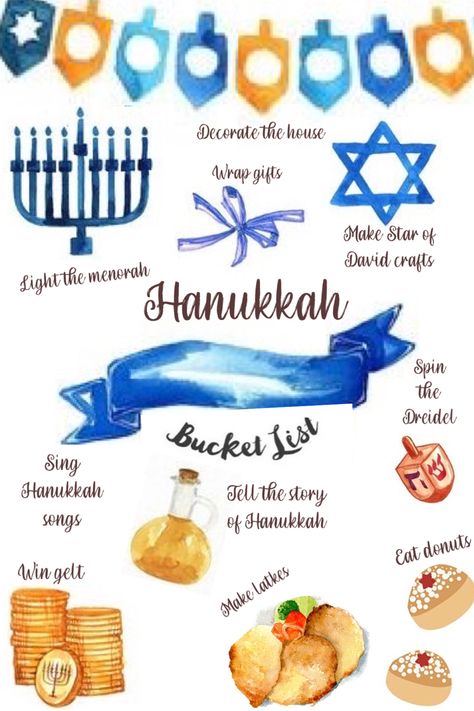 Chanukah Bucket List First Day Of Hannukah, Hannukah Crafts Kids, Hannukah Aesthetic, Hanukkah Theme Nights, 8 Nights Of Hanukkah, Hanukkah For Christians, Hannukah For Christians, Story Of Hanukkah, Hanukkah Preschool