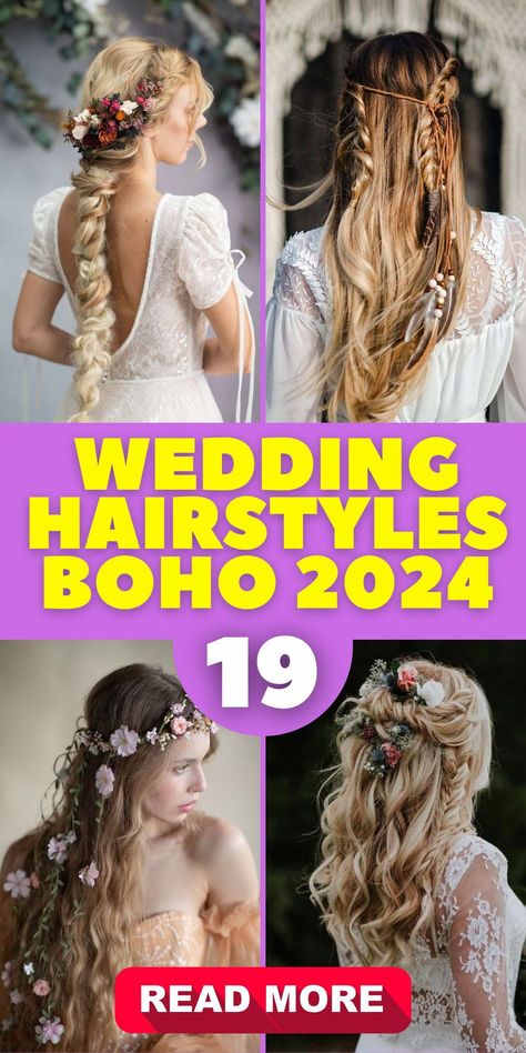 Whimsical Half Up Half Down: Wedding Hairstyles Boho 2024 with Braids For a look that's both playful and polished, opt for wedding hairstyles boho 2024 that feature a half up half down style with braids. This versatile look can be adorned with small flowers or pins and suits almost any length, from shoulder-length brunettes to long blonde hair. Boho Wedding Hair With Braids, Formal Boho Hairstyles, Boho Bridal Hair Half Up Braids, Boho Wedding Hairstyles Medium Length, Hippy Wedding Hair, Boho Half Up Hair Wedding, Fall Wedding Hairstyles For Long Hair, Boho Wedding Hair Down With Veil, Half Up Half Down Wedding Hair Boho