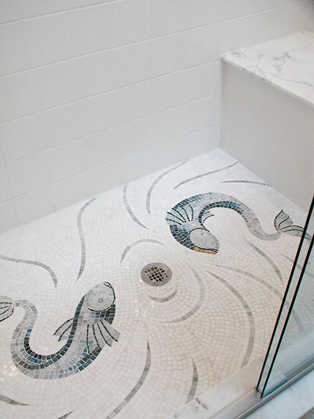 Tapeti Clair Fish Mosaic - Artsaics Fish Mosaic, Bathroom Mosaic, Custom Mosaic Tile, Shower Mosaic, Tile Options, Mosaic Bathroom, Mosaic Murals, Custom Mosaic, Shower Tile Designs