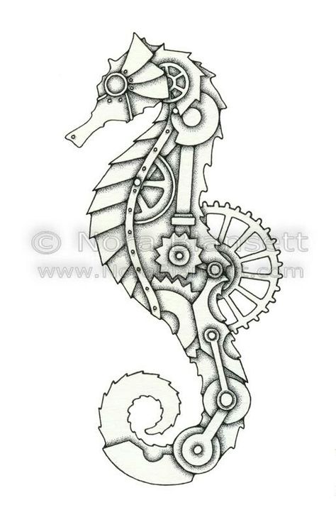 Steampunk seahorse Steam Punk Animals, Steam Punk Art Drawings, Steampunk Art Drawing, Steampunk Drawing, Steampunk Patterns, Steampunk Coloring, Steampunk Tattoo, Steampunk Animals, Seahorse Art