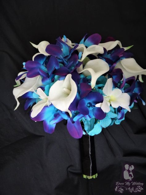 Galaxy Themed Wedding Flowers, Gem Themed Wedding, Lilo And Stitch Wedding, Galaxy Wedding Dress, Bridal Bouquet Calla, Galaxy Orchid, Blue And Purple Orchids, Bouquet Calla Lily, Purple Turquoise Wedding