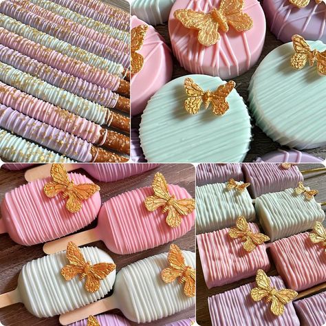 Rice Krispie Treats Butterfly Theme, Fairy Themed Chocolate Covered Strawberries, Butterfly Chocolate Covered Pretzels, Fairy Theme Treats, Butterfly Theme Treats, Butterfly Theme Dessert Table, Butterfly Rice Krispie Treats, Butterfly Baby Shower Treats, Butterfly Treat Table