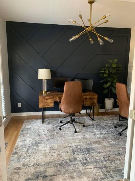 Office Decor Dark Walls, Black Board And Batten Accent Wall Living Room, Black Matte Accent Wall, Green Black Accent Wall Living Room, Gray Accent Wall Office, Black Accent Wall Dinningroom, Office Dark Accent Wall, Dinner Room Accent Wall, Men’s Office Accent Wall