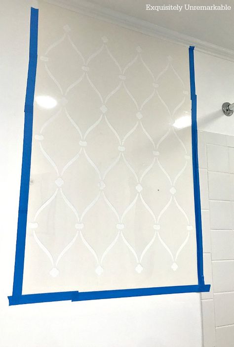 Ribbon Stencil Wall Stencil Bathroom Wall Makeover, Diy Stencil Wall, Quick Bathroom Updates, Wall Stencils Diy, Cottage Style Bathrooms, Accent Wall Stencil, Wall Makeover, Diy Stencil, Stencil Wall