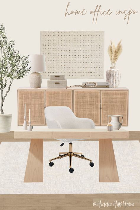 Neutral home office decor mood board with cozy neutral tones! Home office decor ideas with a modern organic style Decor Mood Board, Scandinavian Office, Modern Organic Home, Modern Office Decor, Cozy Home Office, Cottage Charm, Office Room Decor, Oak Desk, Contemporary Office