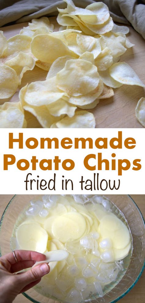 Healthy homemade potato chips fried in beef tallow Diy Potato Chips, Potato Chips Healthy, Potato Chips Recipes, Homemade Potato Chips Recipe, Potato Chips Homemade, Best Potato Chips, Chips Homemade, Homemade Potato Chips, Potato Chip Flavors