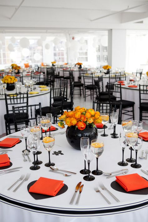 Bright black, white, orange and yellow modern NYC loft wedding, photos by Image Singuliere via JunebugWeddings.com Halloween Wedding Centerpieces, Nyc Loft, Loft Wedding, Wedding Photo Gallery, Traditional Wedding Decor, Wedding Inspiration Board, Black White Wedding, Orange Wedding, Wedding Table Settings