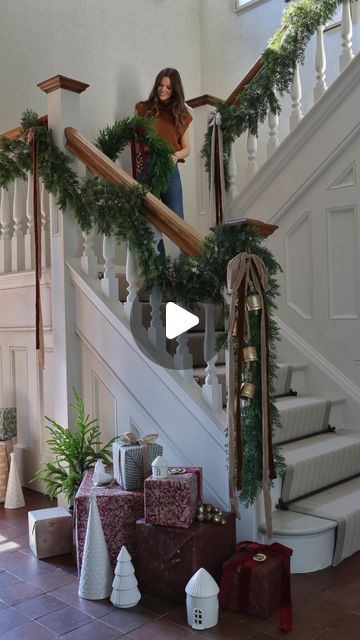 THE SUFFOLK NEST Ashlee Jane on Instagram: "Lots of you have been asking how I attach our garlands to the staircase, so I thought I’d share this short guide. I like to use paper covered wire as it’s easier to work with than twine, as well as being nice and strong. You could also use cable ties - just be mindful of not doing them up too tight so they don’t mark the banister. 

I’ve used 3 of our cedar garlands here along with the Bronze and Champagne Velvet ribbon, and large cowbells (due in stock w/c 22nd Oct).

#christmasgarland #christmasstaircase #xmasdecor #holidaydecor #holidaydecorideas #holidayseason #holidaydecorating #christmasdecor #xmasstyling #xmasinspo #christmas2024 #festivehome #xmasgarlands #christmasfoliage #christmaswreath #christmashomeideas #christmasdecorating #christm Velvet Ribbon On Garland, Large Christmas Garland, Ribbon On Staircase Banisters, How To Decorate A Staircase, Velvet Ribbon Garland, Christmas Garland Ideas Stairs, Christmas Garland Staircase Diy, How To Attach Garland To Banister, Xmas Staircase Decor