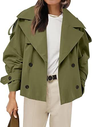 Tankaneo Womens Cropped Trench Coat Casual Double Breasted Short Jacket Fall Fashion Outerwear with Belt Trench Coat Casual, Jackets Cropped, Casual Trench Coat, Trench Coat Fall, Cropped Trench Coat, Cropped Jackets, Windbreaker Vintage, Fashion Outerwear, Short Trench Coat