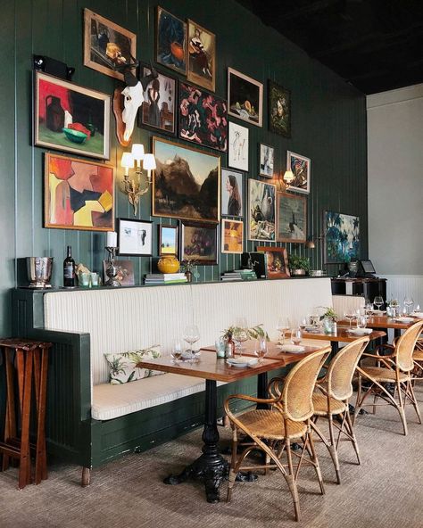 Bar Wall Ideas, Hanging Pictures On The Wall, Green Couch Living Room, Eclectic Restaurant, Houston Restaurants, Cozy Restaurant, Vintage Industrial Design, Dinner Plans, Weekend Dinner