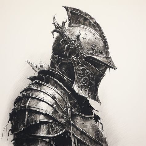 Knight Drawing Aesthetic, Knight Art Reference, Knight Armor Drawing, Knight Side Profile, Knight Side View, Armor Side View, Medieval Knight Drawing, Knight Tattoo Medieval, Knight Helmet Drawing